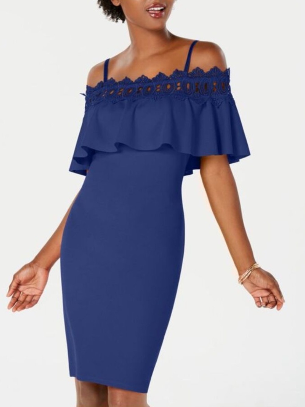 BCX Blue Off-the-Shoulder Crochet Trim Cocktail Dress Juniors Size 1
